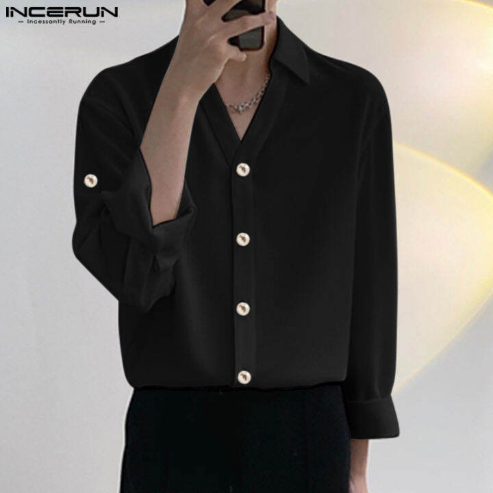 incerun-เสื้อลำลองแขนยาวคอวีสำหรับผู้ชายเสื้อทรงหลวมสำหรับใส่วันหยุดเสื้อทีท็อป-สไตล์เกาหลี