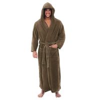 Men Winter Bathrobe Autumn Winter Solid Hooded Bathrobe Plush Lengthened Soft Gown Midi Robe Nightgown Home Clothes