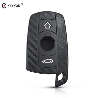 npuh KEYYOU Carbon Fiber Car Key Case For BMW 1 3 5 6 Series E90 E91 E92 E60 Fob 3 Buttons Car Silicone Key Holder Cover Keychain