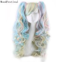 【jw】❂❁ WoodFestival Synthetic Hair Wig With Bangs Wavy Wigs Claw Clip Ponytail Pink