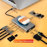 OKDEALS 14 In 1 PD การ์ดรีดเดอร์ USB ชาร์จชนิด C ฮับชาร์จไร้สายแท่นวางมือถือ4K HDMI VGA