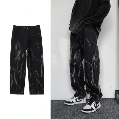 สีดำมัดย้อมตรงกางเกงยีนส์ผู้ชายแฟชั่นหลวมพิมพ์ High Street ฮิปฮอปกางเกงยีนส์อเมริกันชาย Y2k กางเกง