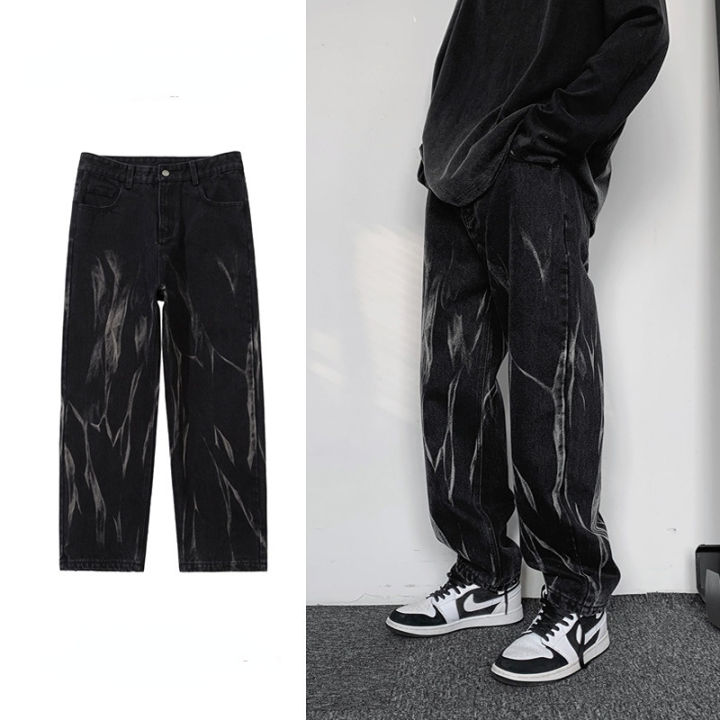 สีดำมัดย้อมตรงกางเกงยีนส์ผู้ชายแฟชั่นหลวมพิมพ์-high-street-ฮิปฮอปกางเกงยีนส์อเมริกันชาย-y2k-กางเกง