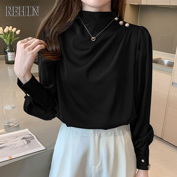rehin-เสื้อผ้าชีฟองแขนพองผ้าซาตินของผู้หญิง-เสื้อเบลาส์ทรงหลวมพอดีตัวจีบสีพื้นใหม่ฤดูใบไม้ผลิปี2020