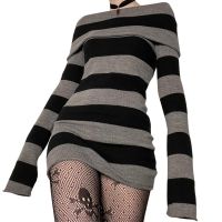 【HOT】♀ Striped Sweater Mall Goth Grunge Emo Bodycon Shoulder Sleeve Dresses 00s