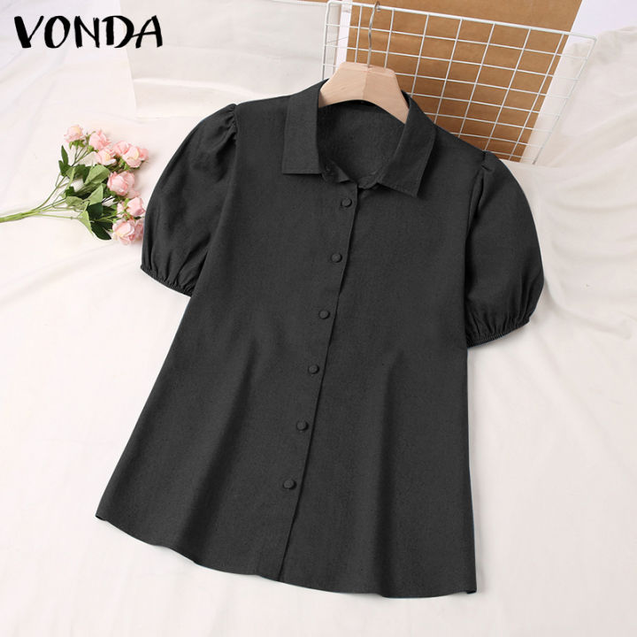 จัดส่งฟรี-fancystyle-vonda-ผู้หญิงสันทนาการอเนกประสงค์พัฟแขนสั้นเสื้อวินเทจหลวมเปิดลงปกท็อปส์-2