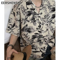 EERSHENSHI เสื้อเชิ้ตผู้ชายเสื้อแขนสั้นพิมพ์ลายหมึกเสื้อเชิ้ตลายดอกไทยชายหาดฤดูร้อน