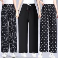 Plus Size Womens Vintage Printed Thin Summer Autumn Ankle Pants Casual Fashion Elastic Waist Straight Female Trousers