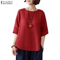 COD dhdfxcz ZANZEA Women Korean Loose Daily Round Neck 3/4 Sleeve Solid Color Blouse