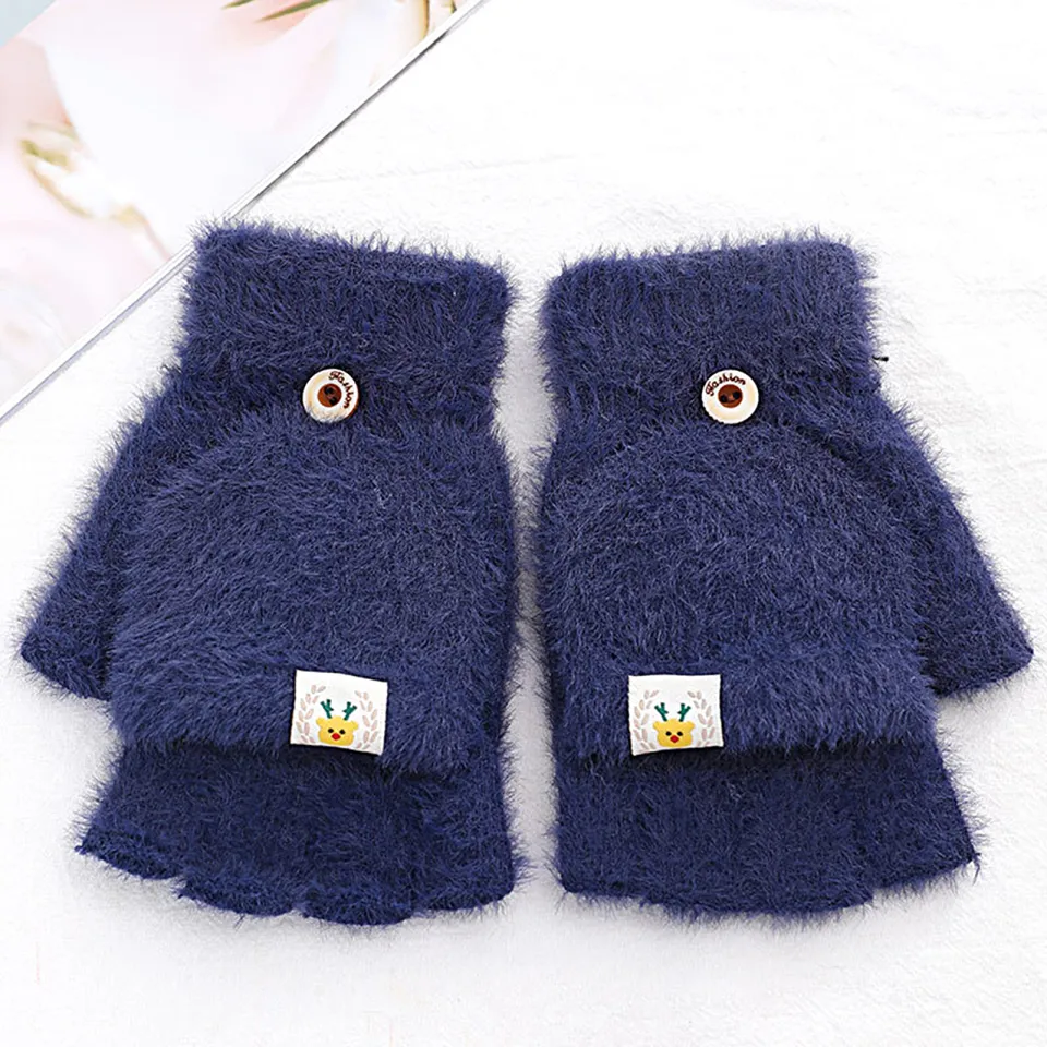 1 Pair Students Gloves Open Finger Solid Color Plush Knitted Flip