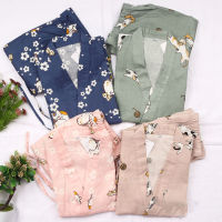 New Cartoon Cat Women Pajamas Japanese Traditional Kimono Men Spa Sauna Bathing Sleepwear Yukata Harajuku Tops Trousers Suit