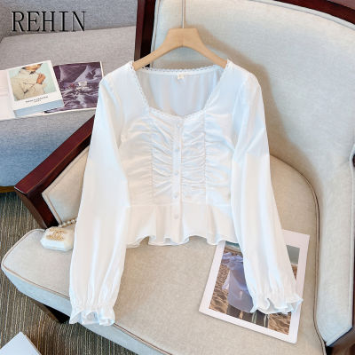 REHIN เสื้อผู้หญิงหลากหลายใหม่คอสี่เหลี่ยมสั้นหวานการออกแบบที่ไม่เหมือนใครเสื้อแขนยาวฤดูใบไม้ร่วง