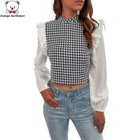 โพลีเอสเตอร์100% ใหม่ครึ่งคอสูงผ้าระบายแขนยาวเสื้อ Houndstooth