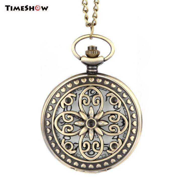 Timeshow Vintage Steampunk Hollow Flower Quartz Pocket Watch Necklace Pendant Chain Clock Ts 3427