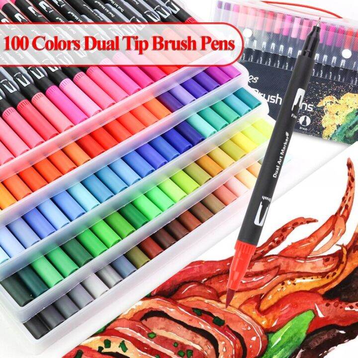 100-colors-dual-tip-brush-art-markers-pens-fine-tip-and-brush-watercolor-pens-for-drawing-painting-calligraphy-art-supplies