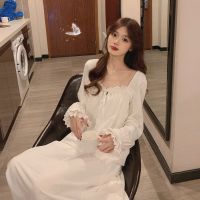 【 WYIN kitchen】 Women Beautiful Thin Long Sleeve Nightdress Lace Princess Loose Sleepwear Ankle Length White Nightgown Plus Size Gown Home Dress