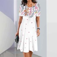 【HOT】∋℗ Printed Womens Dresses 2023 Short Sleeve Clothing Female Beach Skirt Ladies Knee-length