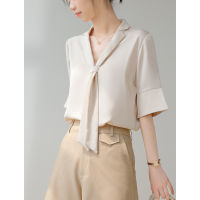 Apricot Faux Acetate Satin Short Sleeve Shirt Hong Kong Style Summer Loose Versatile Design Bow Tie Top