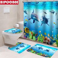 【CW】♝₪  Seabed Animals Toilet Cover Rug Set Curtain Fabric Shower Curtains with Hooks