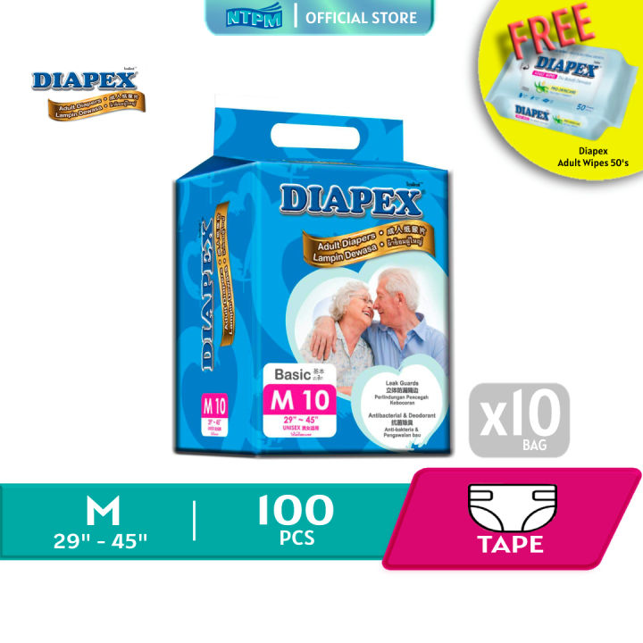 Diapex Adult Diapers M10 pcs x 10 pkts Free 1 pkt Diapex Adult Wipes 50 ...