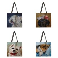 Oil painting dog print tote bag Ladies linen bag Ladies shoulder bag Outdoor leisure handbag Foldable shopping bag