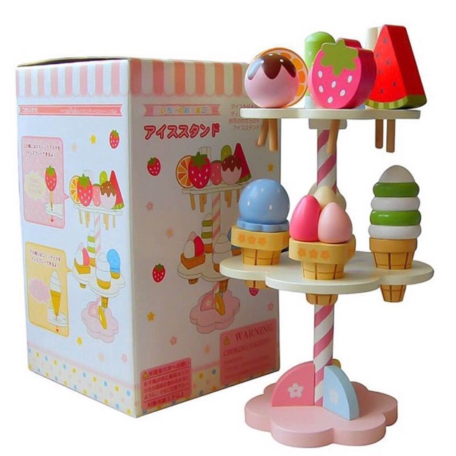 Christmas Wooden 3-layer Ice Cream Candy Stand Kids Role Play Fruit Toy Set Gift 
