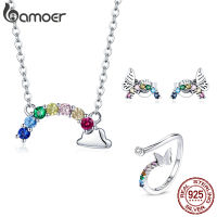 bamoer 925 Sterling Silver Lucky Rainbow Necklace Colorful Crystal Rainbow Open Ring Rainbow Earrings for Women Fine Jewelry Set