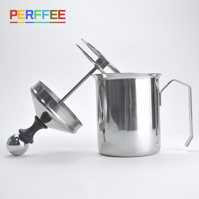 2021Manual Milk Frother Stainless Steel Hand Pump Creamer Double Mesh Coffee Milk Foam Frothing Pitcher Froth Maker Jug 400800 ML