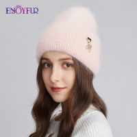 ENJOYFUR Women Winter Hats Soft Warm Angora Wool Knit Beanie Hat Fashion Female Wide Cuffed Beanie Skull Bonnet Cap