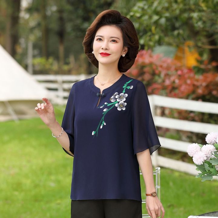 เสื้อยืดผ้าชีฟองพิมพ์ลายชุดจีนชุดเดรสหน้าร้อนสำหรับคุณแม่-เสื้อยืดขนาดเล็กสำหรับสตรีวัยกลางคนและ-xma-2075สูงอายุ