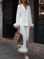 eather Stain Single Breasted Blazer Straight Pants Suit Furry Tailored Collar Shirts Trousers Two Piece Set Ladies Outfit