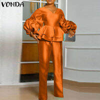 VONDA ชุดเสื้อจับจีบแขนโคมไฟคอกลมกางเกงหลวมทรงตรงชุดสูท (ขนาดพิเศษ)