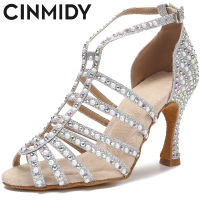 CINMIDY Rhinestone Pearl รองเท้าเต้นรำแบบละติน Tango Salsa Rumba Samba รองเท้าเต้นรำในร่มรองเท้าแตะผู้หญิงเซ็กซี่งานแต่งงานรองเท้าส้นสูง