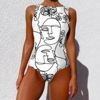 Yofans==》Women Graffiti Abstract Print Wide Straps High Neck Backless Swimwear