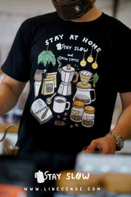 Black T-shirt "Stay Slow and Brew Coffee" เสื้อยืด คุณภาพ สีดำ  ลายดริปกาแฟ Premium cotton100 comp