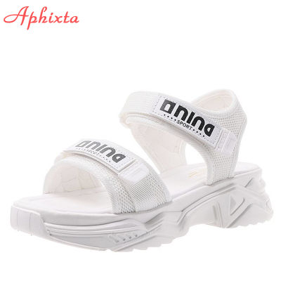 Aphixta 2021 New Summer 1.968 inch Heel Platform Women Sandals Fashion Ladies Letters Hook &amp; Loop Mesh Womens Wedges Shoes