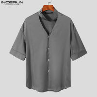 เสื้อลำลองคอวีแขนสั้นผู้ชาย Medussa INCERUN เสื้อทรงหลวมสำหรับปาร์ตี้ (สไตล์เกาหลี)