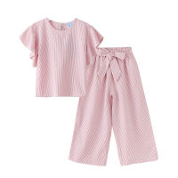 Summer School Girls Outfits Ruffle Sleeve Tops and Wide Leg Pants Korean Children Stripes Clothing Set 2 Piece Sets for Kids 12Y