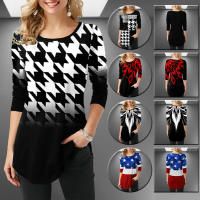 Houndstooth Flags Printing Long Sleeve T-shirts Female Clothing Harajuku Vintage Y2k Tops Women 2021 Oversized Aesthetic Tunic