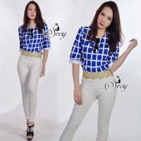 Sevy Two Pieces of Blue Striped round Neck With Skinny Golden Wai