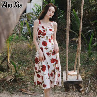 ZhuXia?ชุดกระโปรงสวยๆ?ลายดอกไม้ ใส่สบายๆ ชุดเดรสมิดิสไตล์ฝรั่งเศส,ชุดเดรสแขนกุดลายดอกไม้ชุดเดรสขนาดเล็ก ชุดเดรส กระโปรงยาว