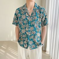 เสื้อ Guayabera ฮาวายพิมพ์ลายต้นมะพร้าวสำหรับผู้ชายเสื้อเชิ้ตคอปกคิวบาลำลองทรงหลวมสำหรับ Lengan Pendek Musim Panas เสื้อเชิ้ตชายหาดวันหยุด