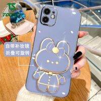 สเตอริโอ3D หรูหราตัวยึดกระจกกระต่ายน่ารักตั้งได้ฝาหลัง TPU แบบนิ่มชุบเคสโทรศัพท์สำหรับ OPPO Reno Reno2 Reno2 F Reno4 Reno4 Pro Reno5 Reno6 Pro Reno6 Z