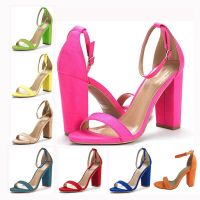 Summer Sandals Women Buckle Strap Round Head Basic Flock 10CM Square Heel Bright And Colorful Modern Sandals Lake Blue