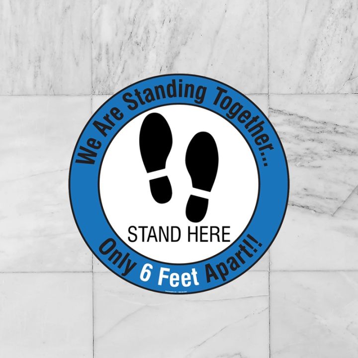 social-distancing-blue-16-inch-floor-sign-decal-sticker-we-are-standing-together-only-6-feet-apart-5-pack