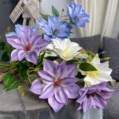 【CC】 SunMade 3 Heads Clematis Branch with Leaves Real Artificial Flowers Garden Decoration Fake