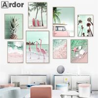 2023❄❇❃ Beach Pink Flamingo Canvas Poster Sea Wave Starfish Shell Wall Print Palm Tree Pineapple Art Painting Nordic Picture Home Decor