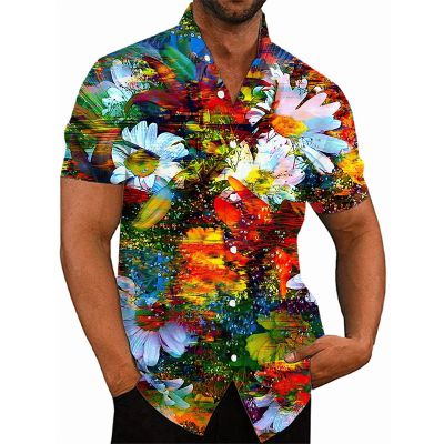 เสื้อฮาวายฤดูร้อนของผู้ชายเสื้อผ้าฮาราจูกุแนวสตรีทไซส์ Y2k สั้นเสื้อลำลองลายดอกไม้พิมพ์ลาย3D ฤดูร้อน
