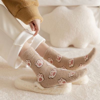 ถุงเท้าของผู้หญิงถุงเท้าขนมิงค์หมูออกแบบแฟขั่นกระต่ายน่ารักอบอุ่นถุงเท้าขนแกะพื้นถุงเท้าการ์ตูน