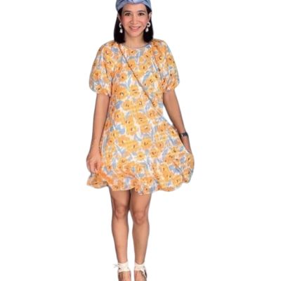 P010-050 PIMNADACLOSET - Short Puff Sleeve Chiffon Print Mini Dress